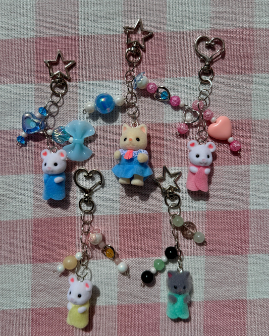 Silly cat and mouse calico keychains !!